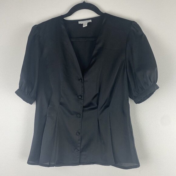 Topshop Women's Satin Button Up Blouse Size 6 Black Puff Sleeve Pleated - Picture 1 of 8